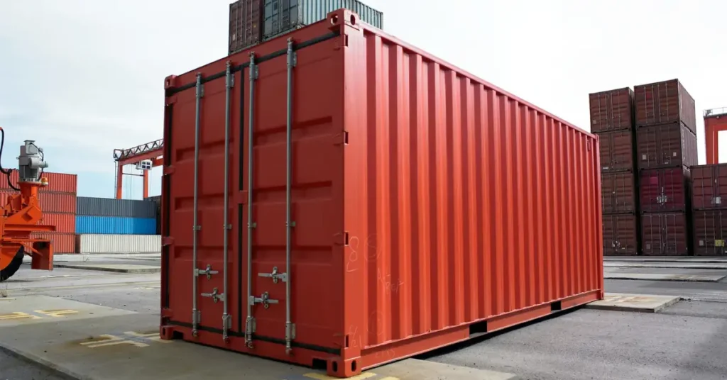 Portable steel container in bright red positioned at an industrial site with stacked containers in the background.